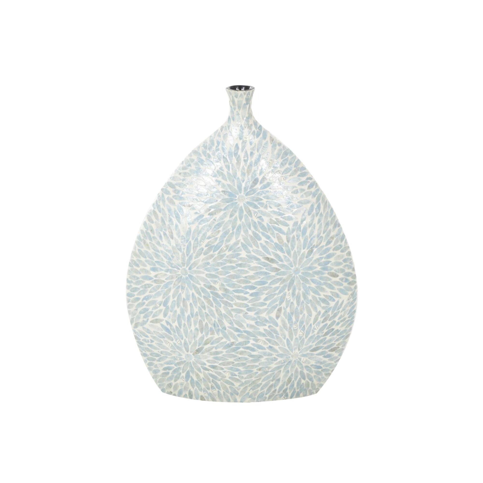 24" Light Blue Mother of Pearl Shell Floral Handmade Large Mosaic Vase with Cream Underlay